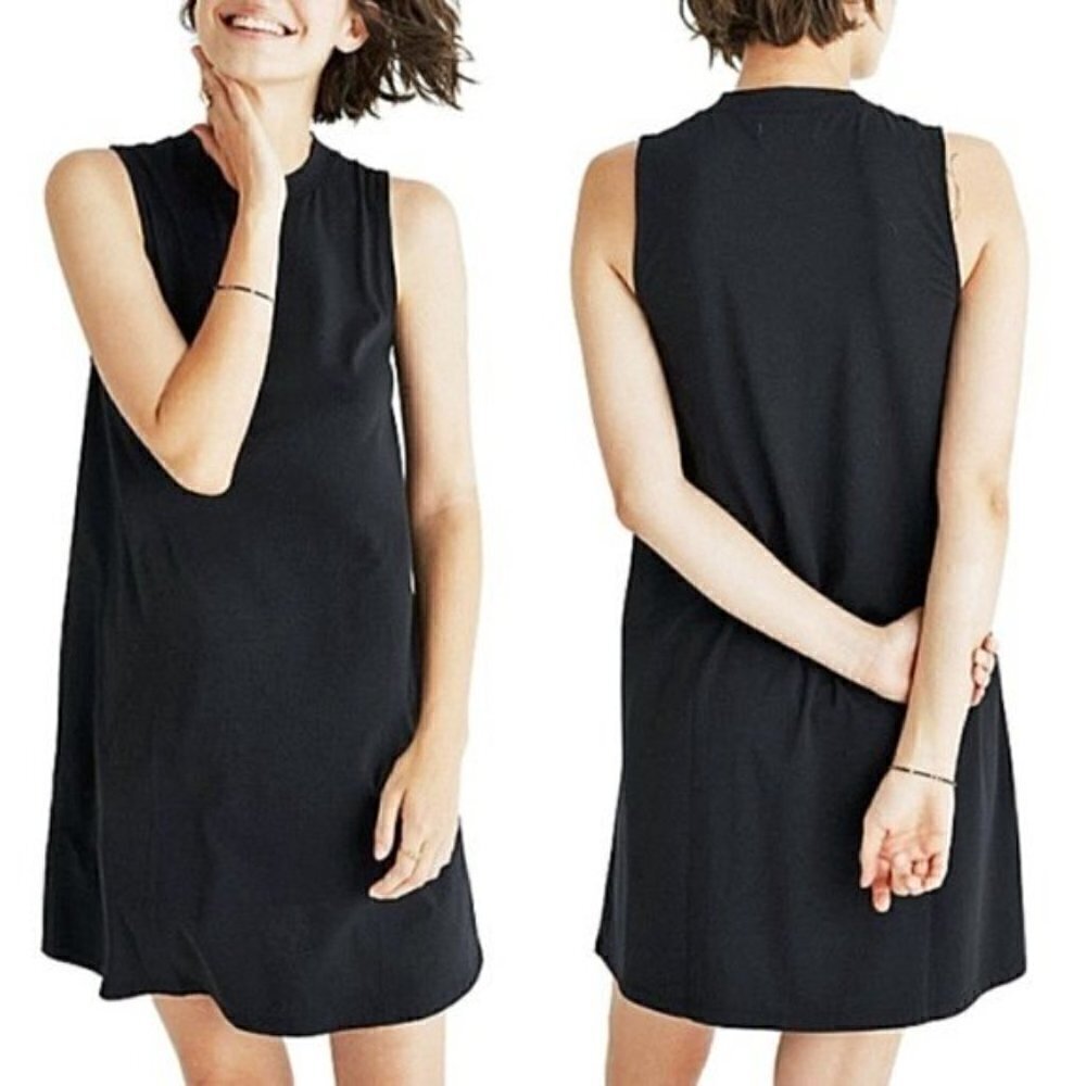Madewell Women's Size XS Mock Neck Swing Dress Solid Black Sleeveless Tank Dress